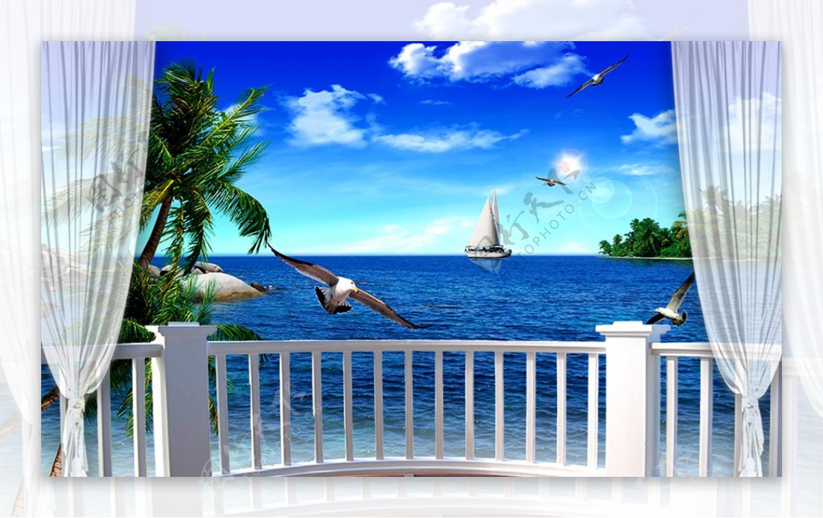 立体椰树海景栏杆背景墙
