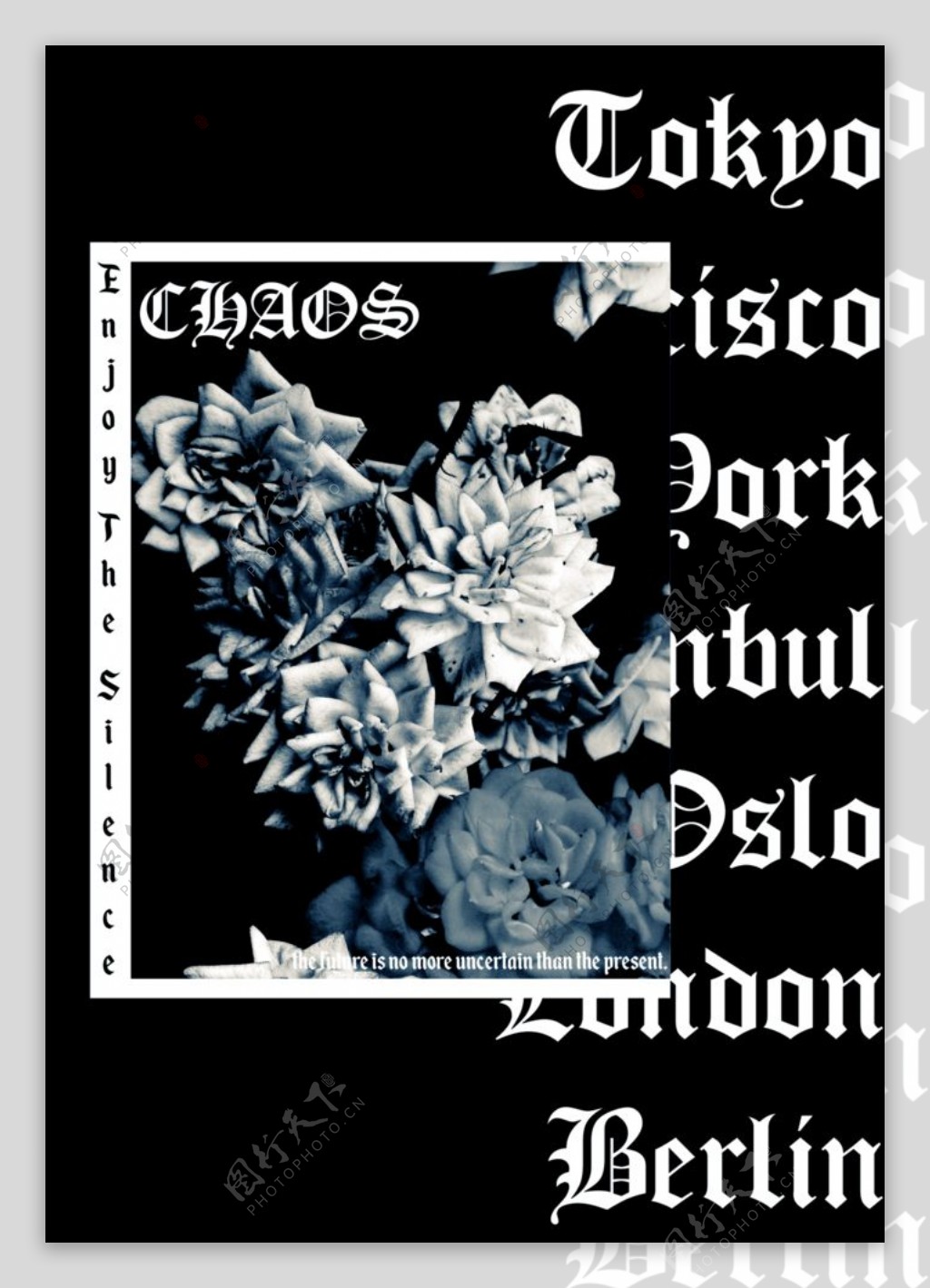 黑白玫瑰和哥特字母拼贴潮流艺术