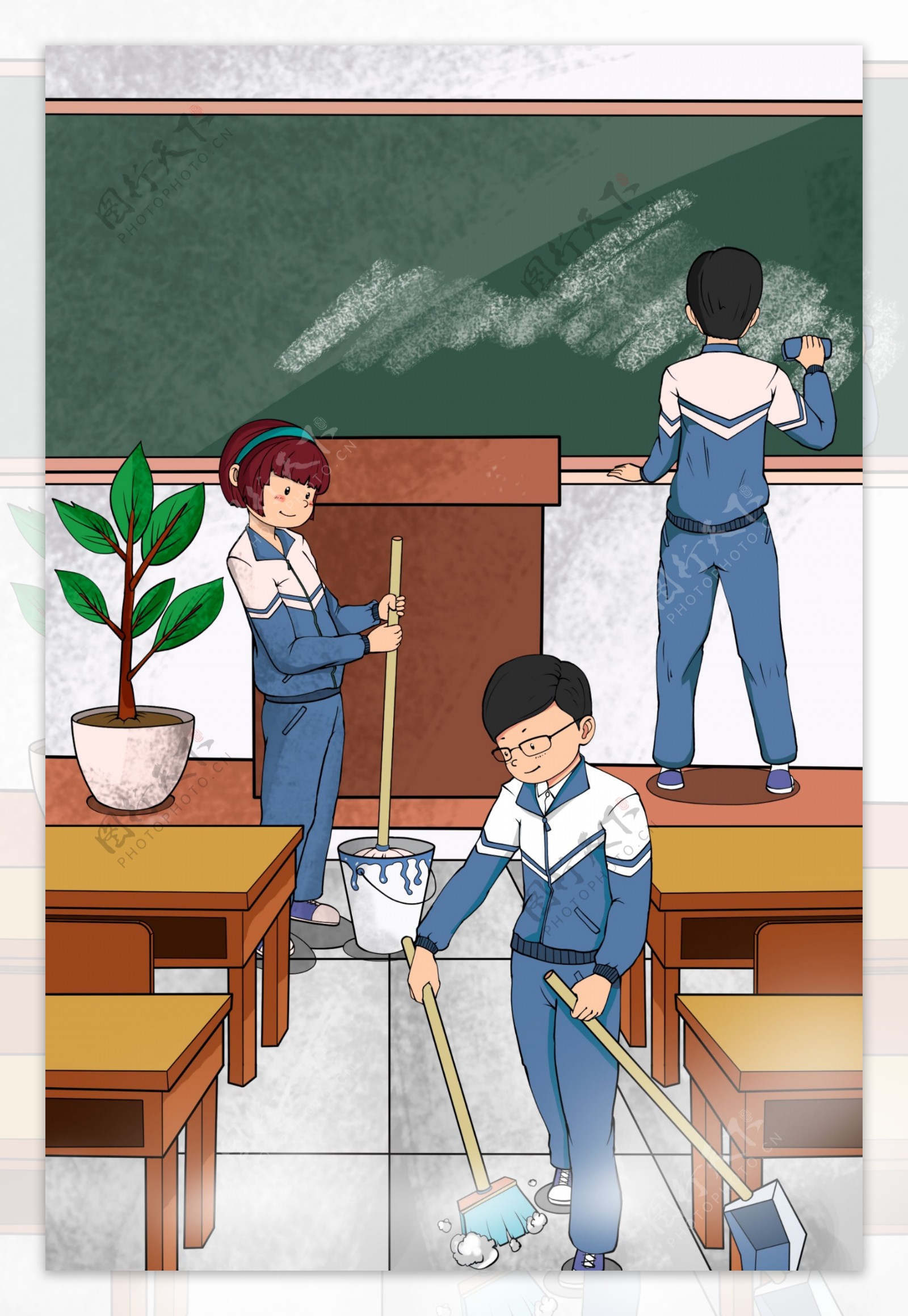 学生打扫卫生插画