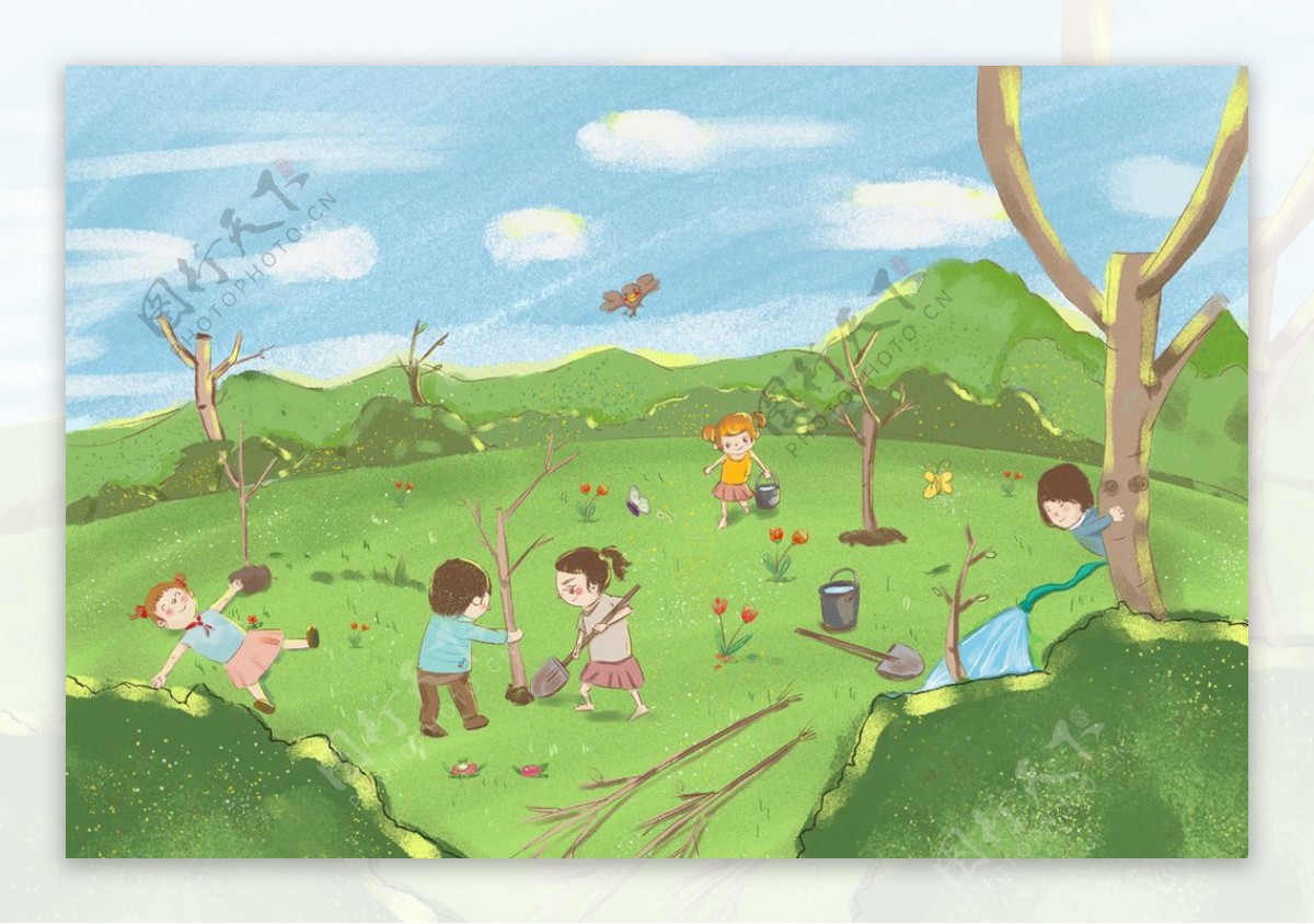手绘儿童植树节插画