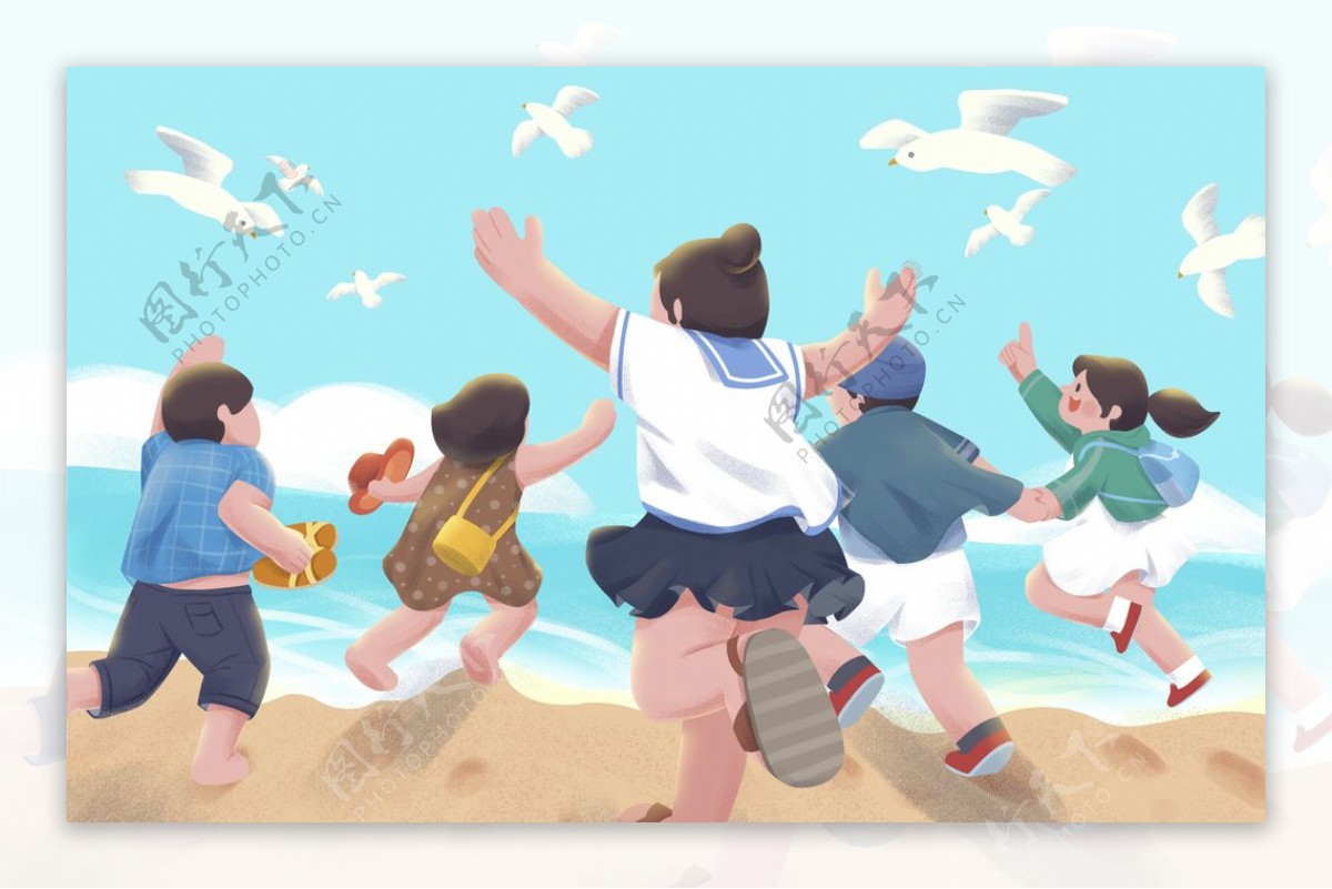 五四青年节在海边奔跑插画