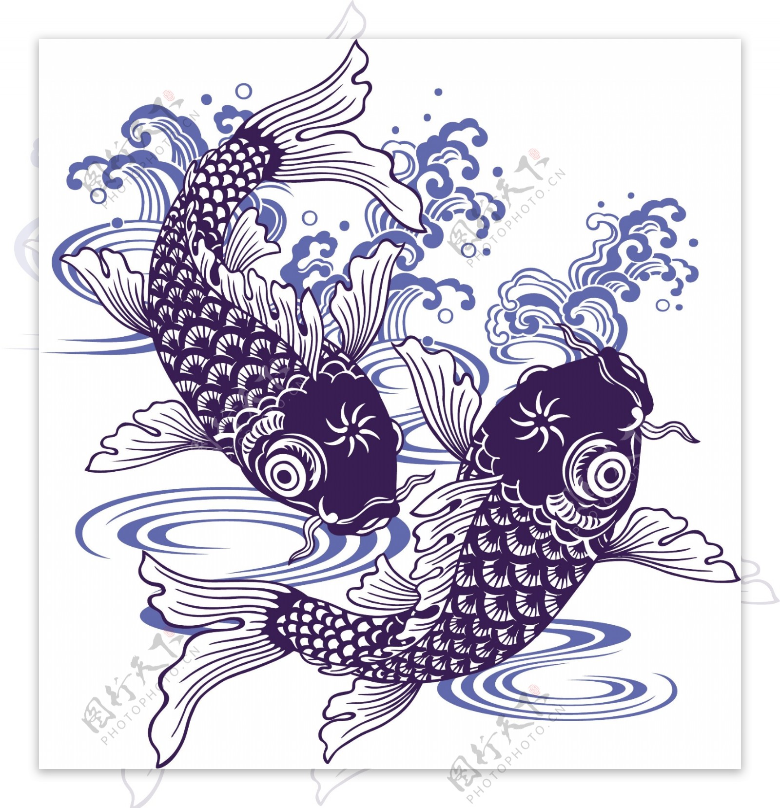 蓝色锦鲤剪纸鱼