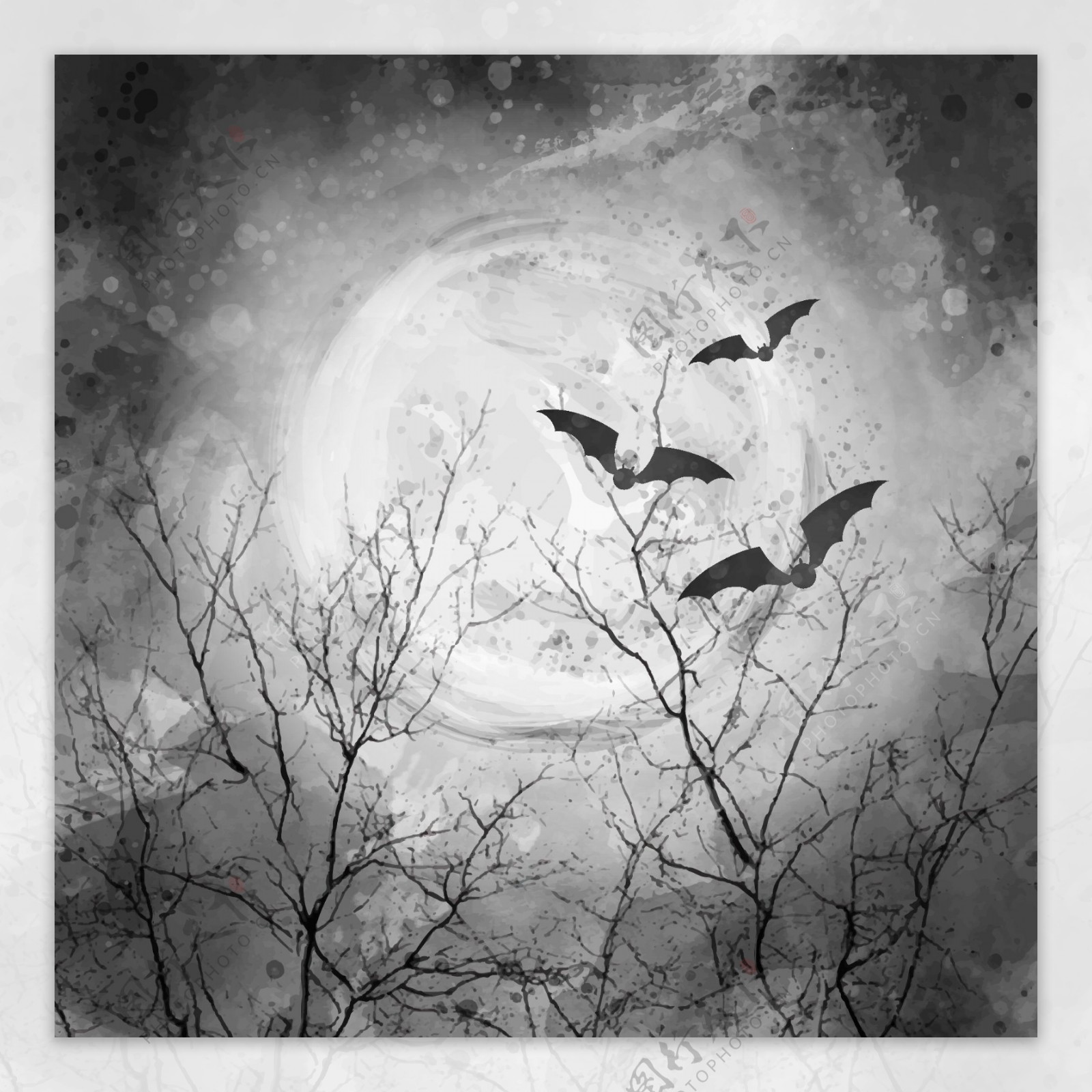 彩绘夜晚枯树蝙蝠风景矢量素材