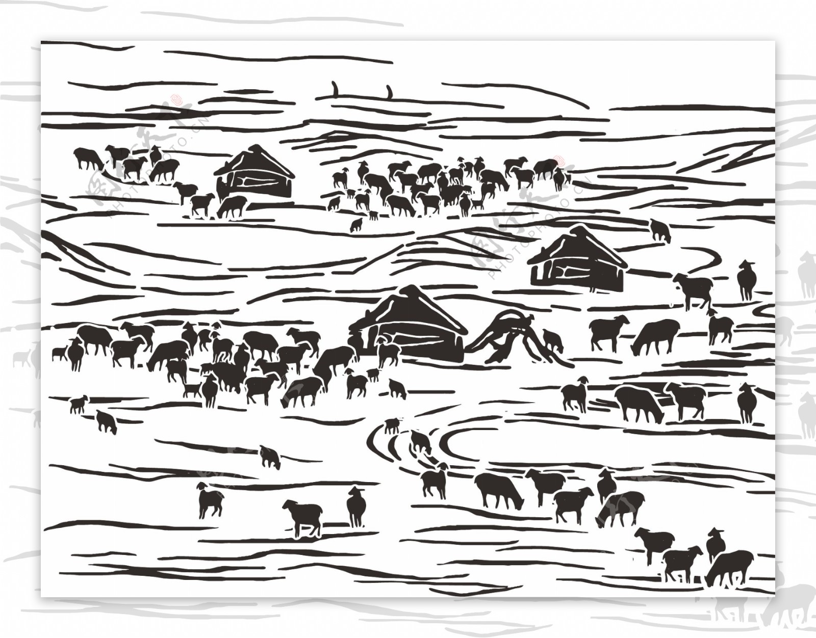 线条农村放牧放羊农耕图素材