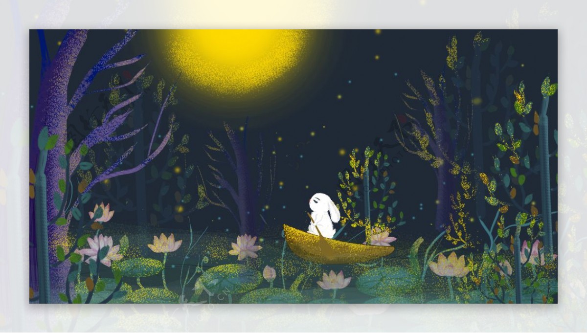 玉兔兔子月亮森林插画卡通可爱