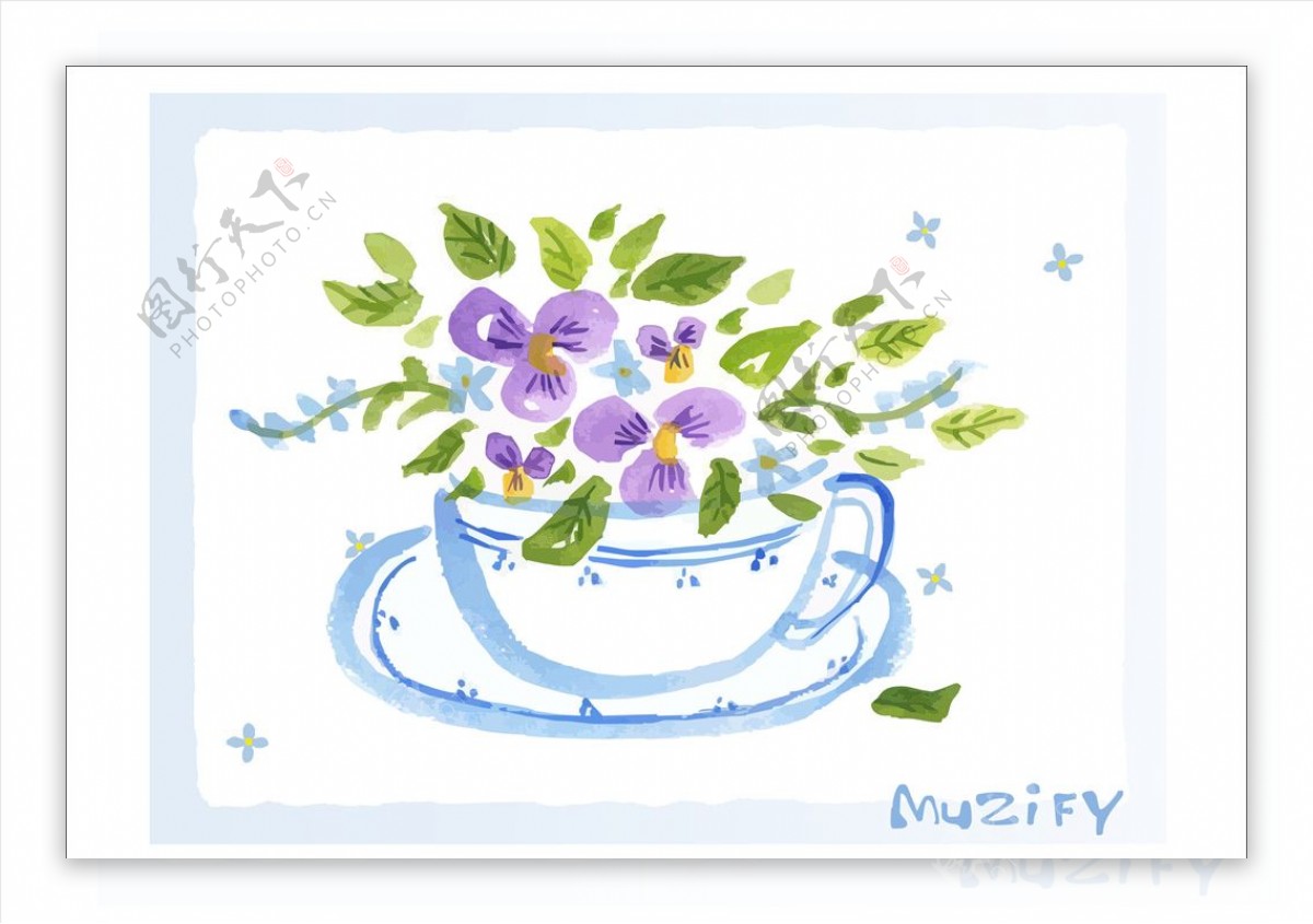 茶杯中的紫色花水彩画