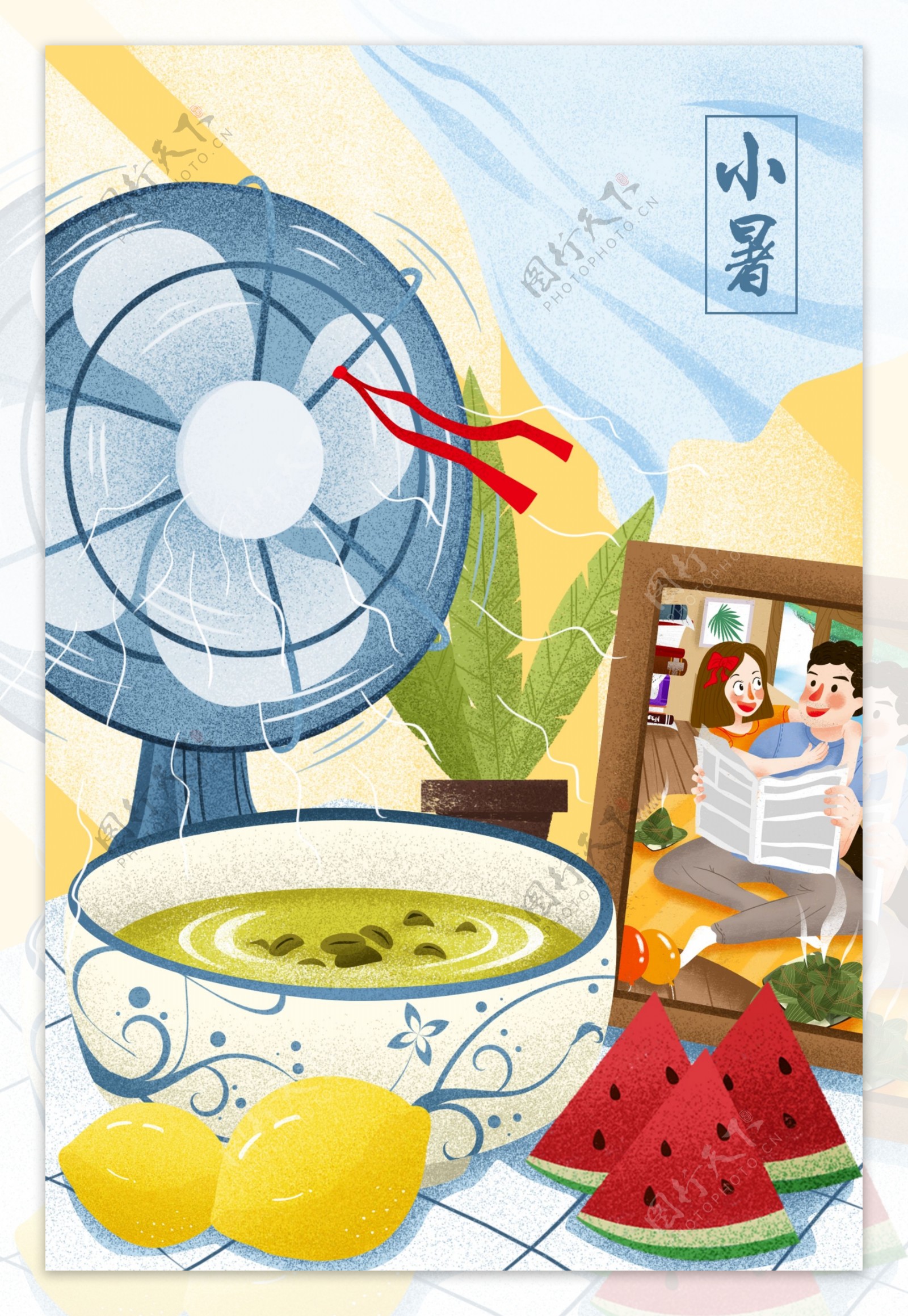 小暑传统绿豆汤插画卡通背景素材