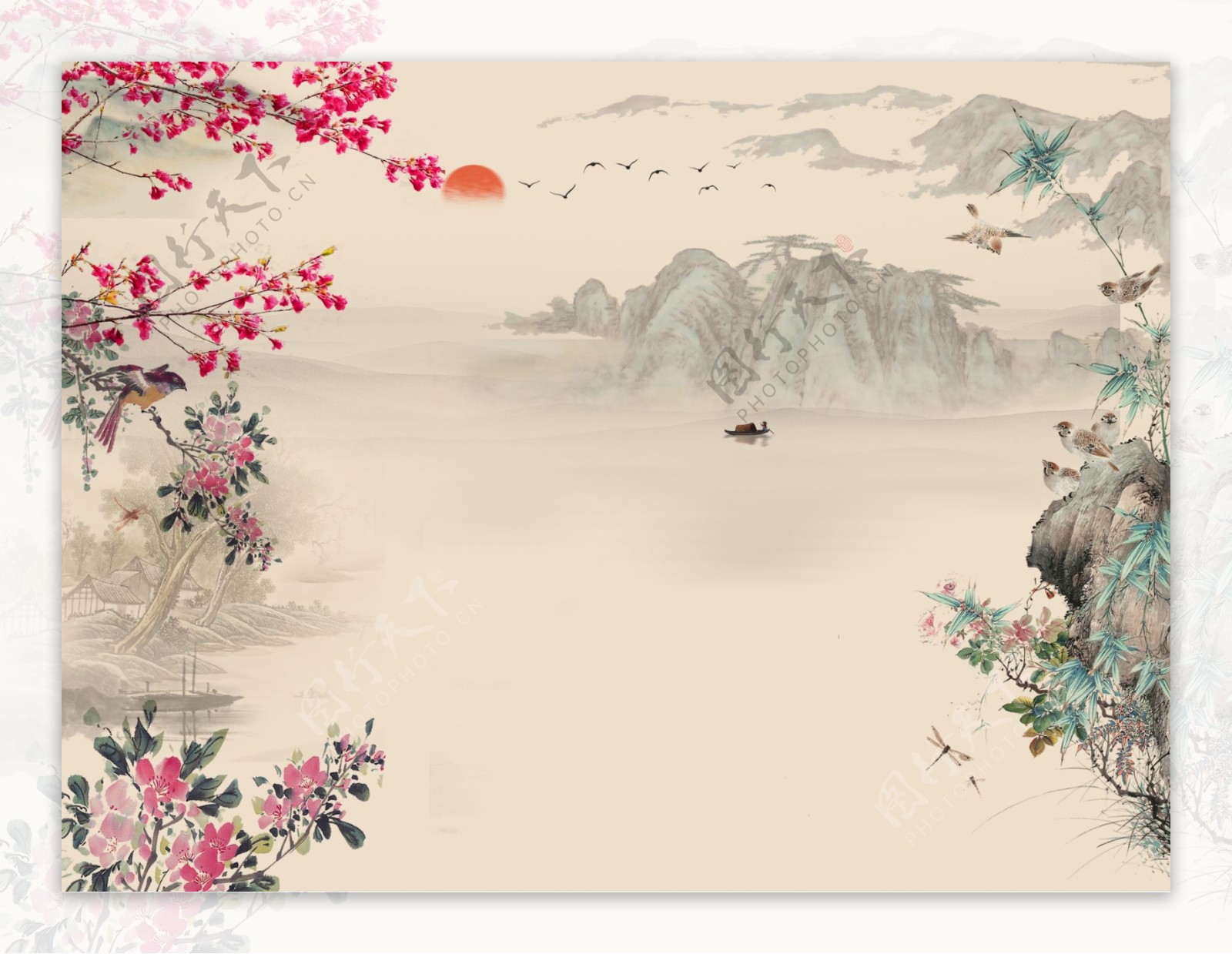 中式水墨山水花鸟装饰画玄关屏风