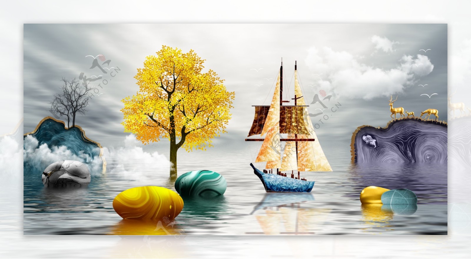 新中式金色帆船麋鹿大海装饰画