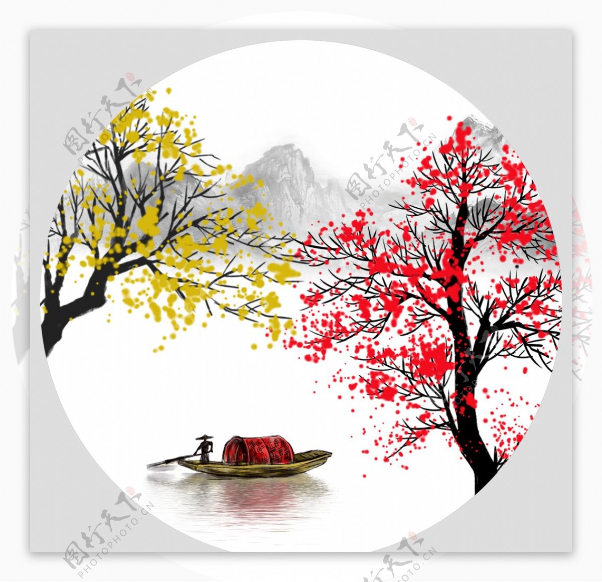红叶小船中式圆形装饰画新图