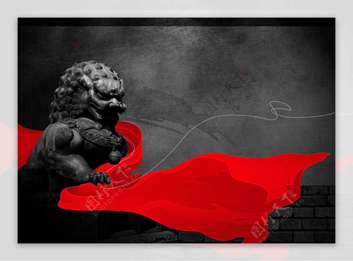 古风红绸狮子石像宣传海报