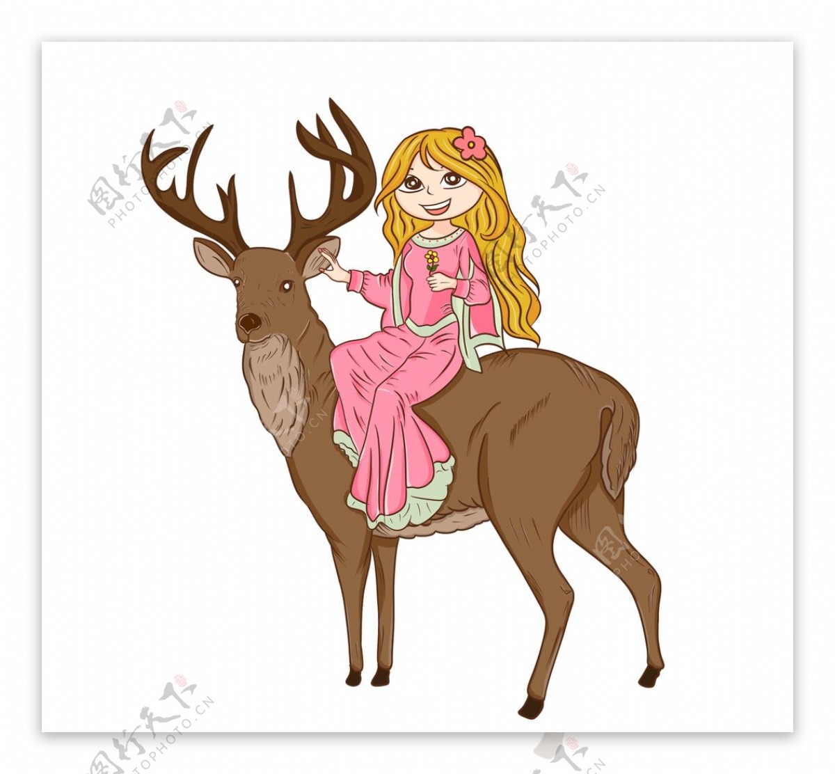 女孩和鹿卡通鹿图片