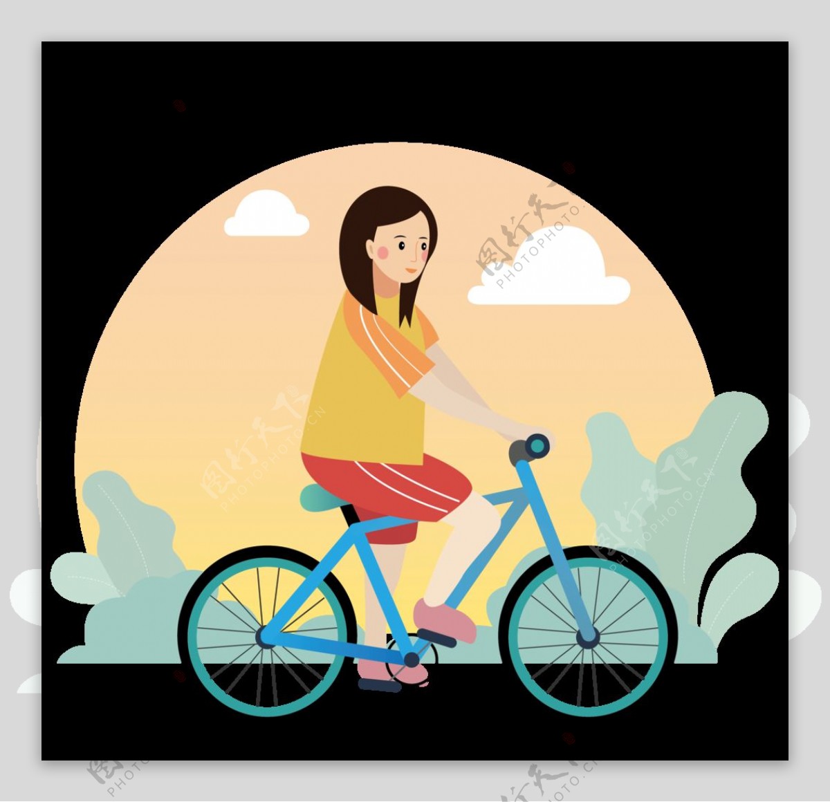 女孩骑单车插画图片