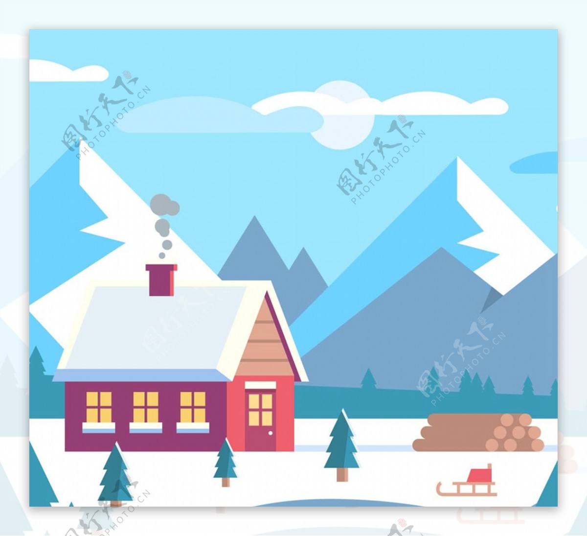 雪山下的木屋风景图片