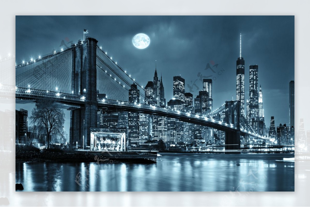 城市吊桥夜景明月当空装饰图图片