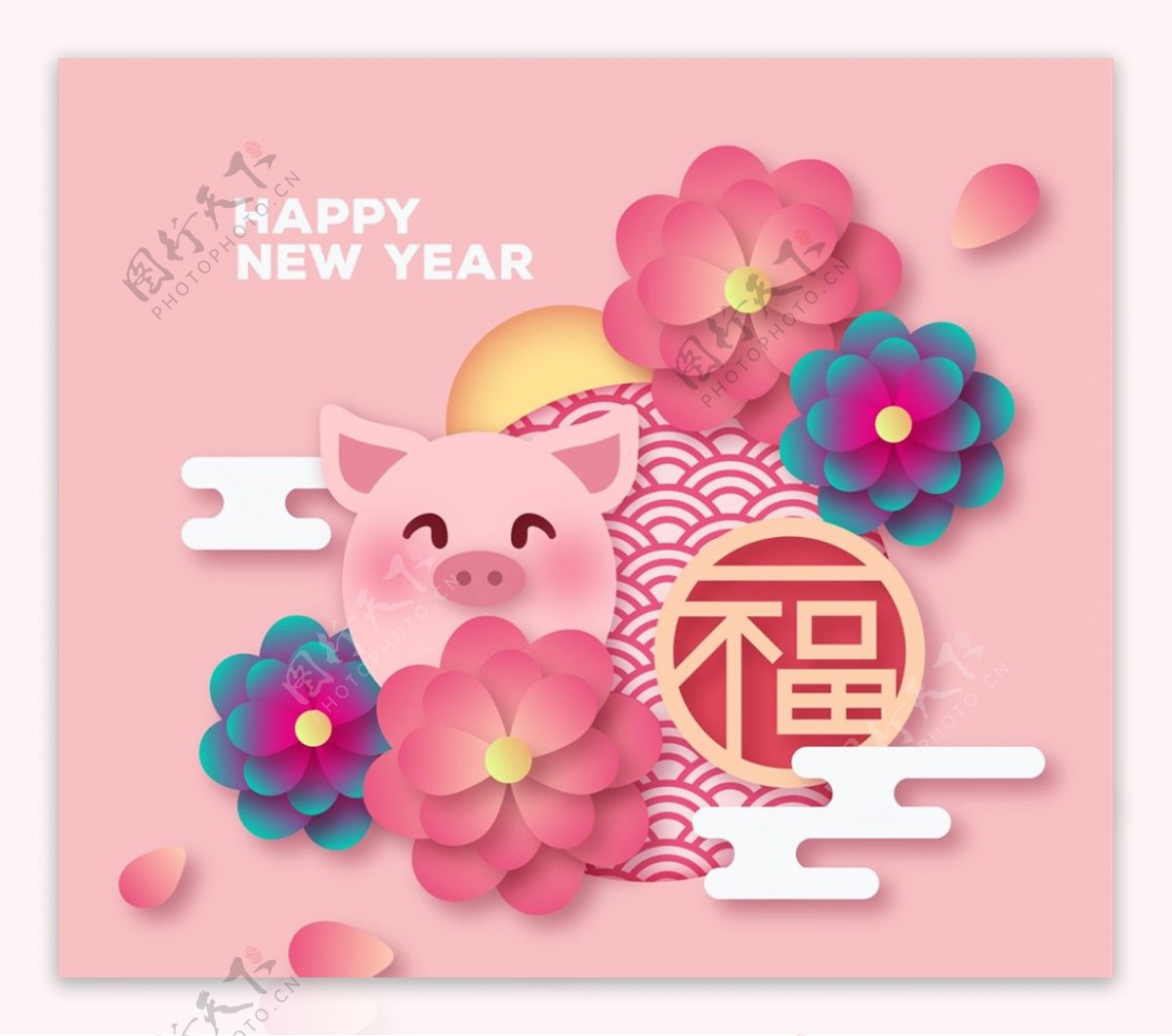 粉色猪和花卉贺卡图片