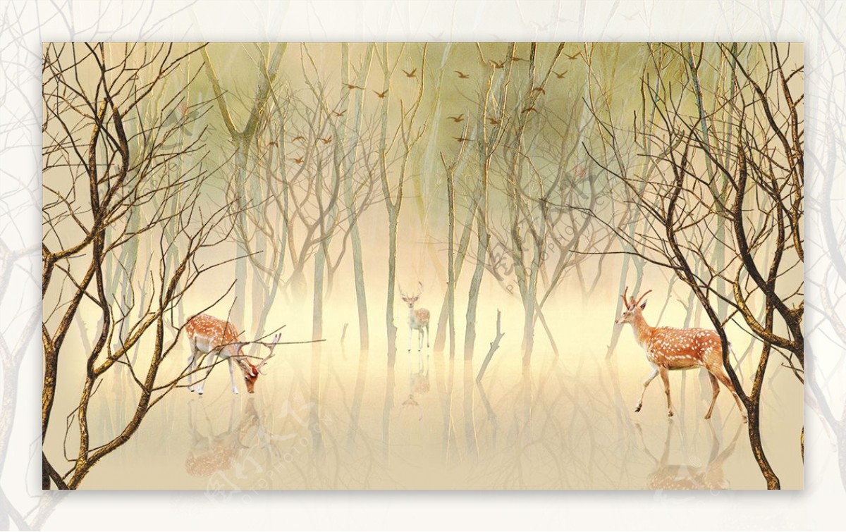 鹿麋鹿树林背景墙图片