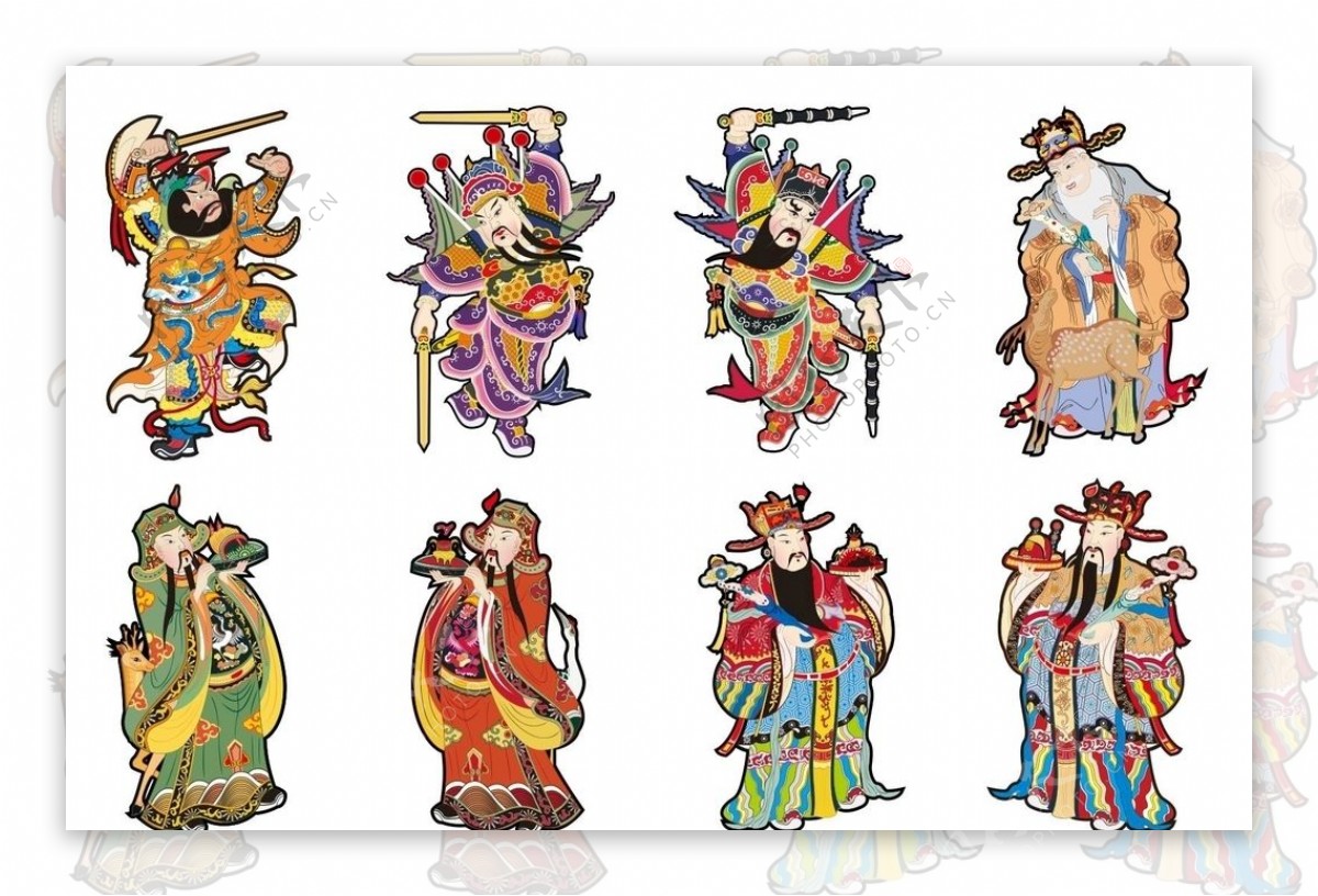 8款中国传统门神财神年画矢量图片
