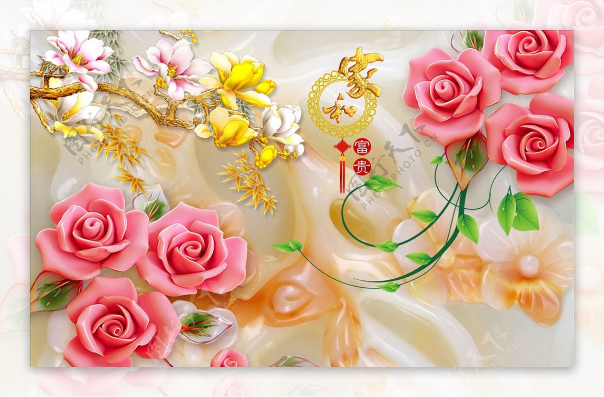 浮雕花玉兰玫瑰背景墙图片