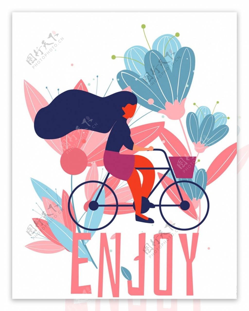 骑单车女子和花卉图片
