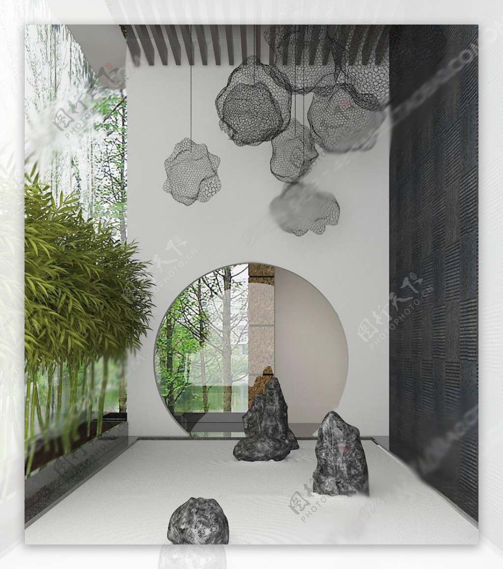 新中式太湖石植物吊灯组合3D模图片