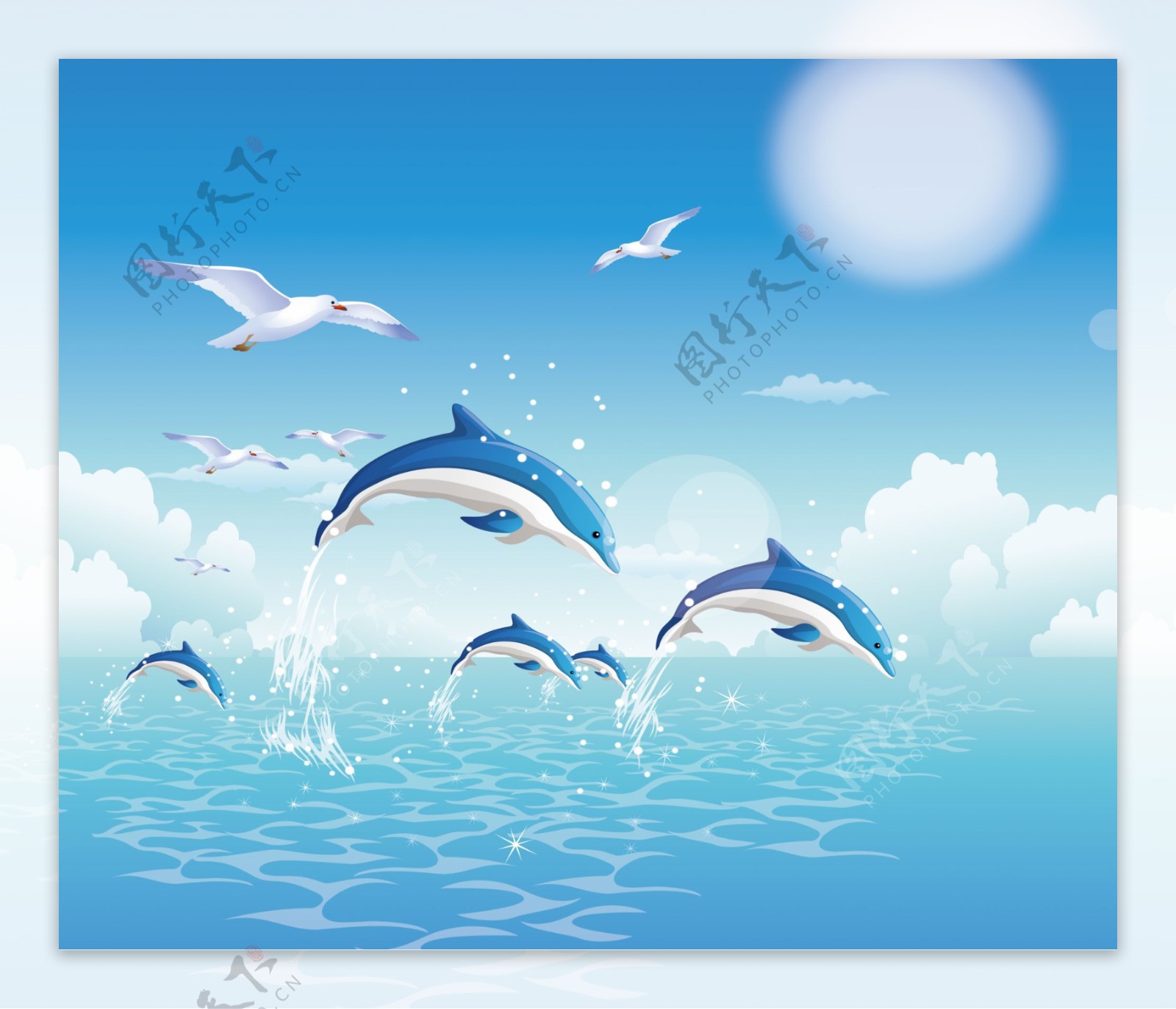 海豚蓝天水波图片