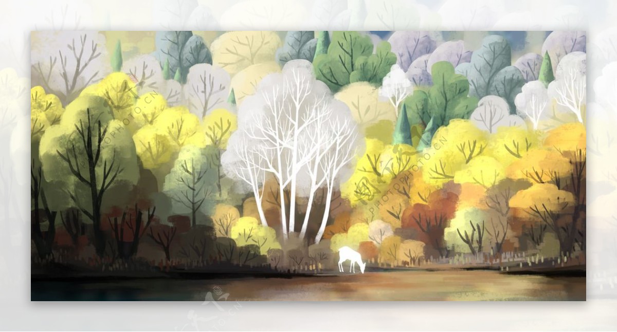 秋季森林小鹿插画背景海报素材图片