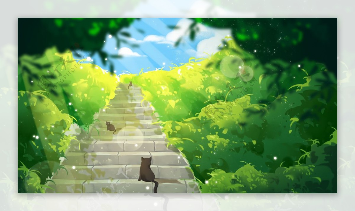 夏季台阶小猫清新插画背景素材图片
