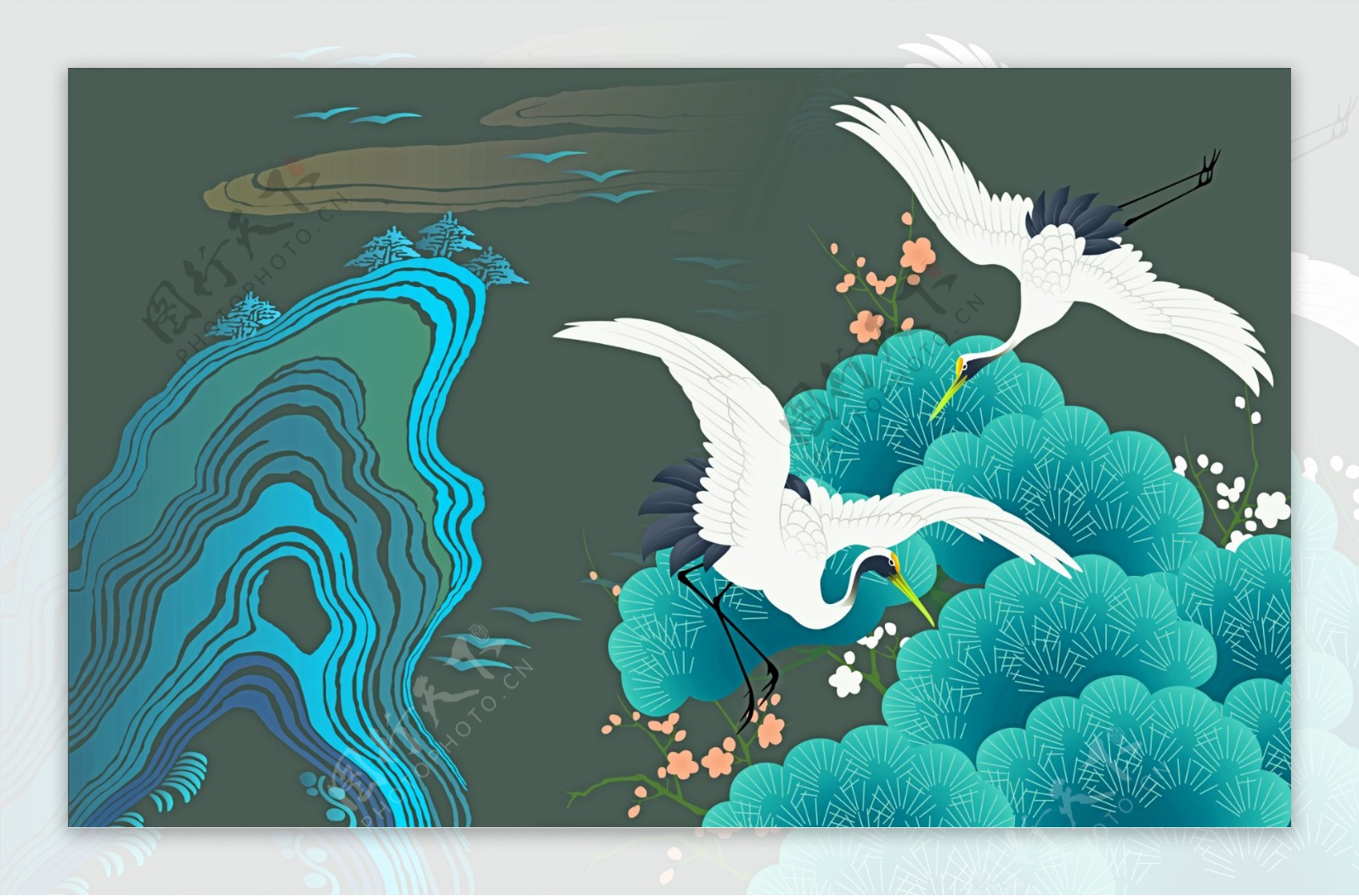 仙鹤山水传统复古背景素材图片