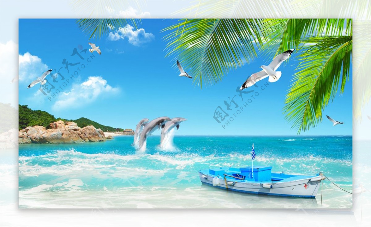 海边椰树海豚小艇背景墙图片