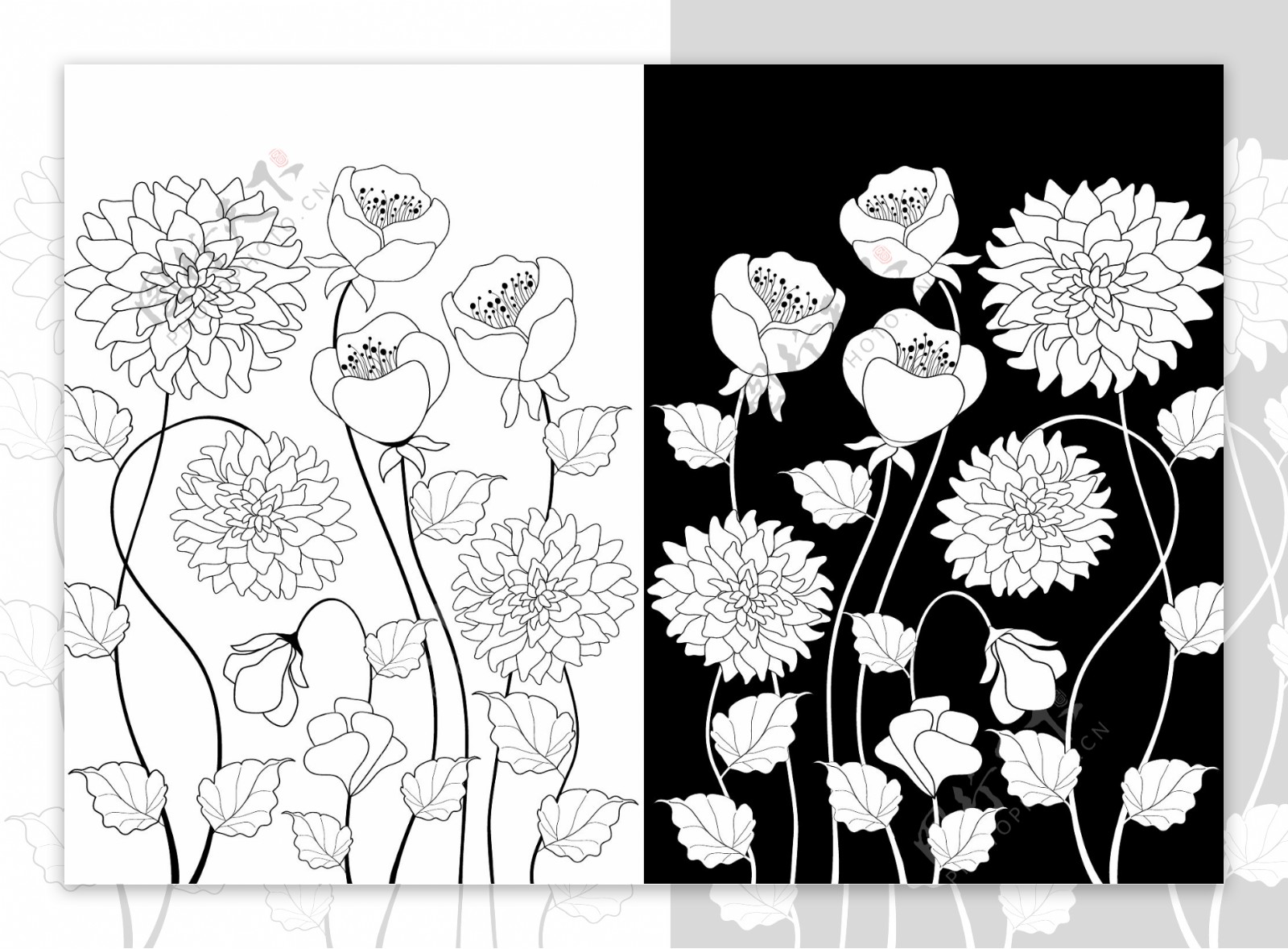 黑白花朵装饰矢量图片