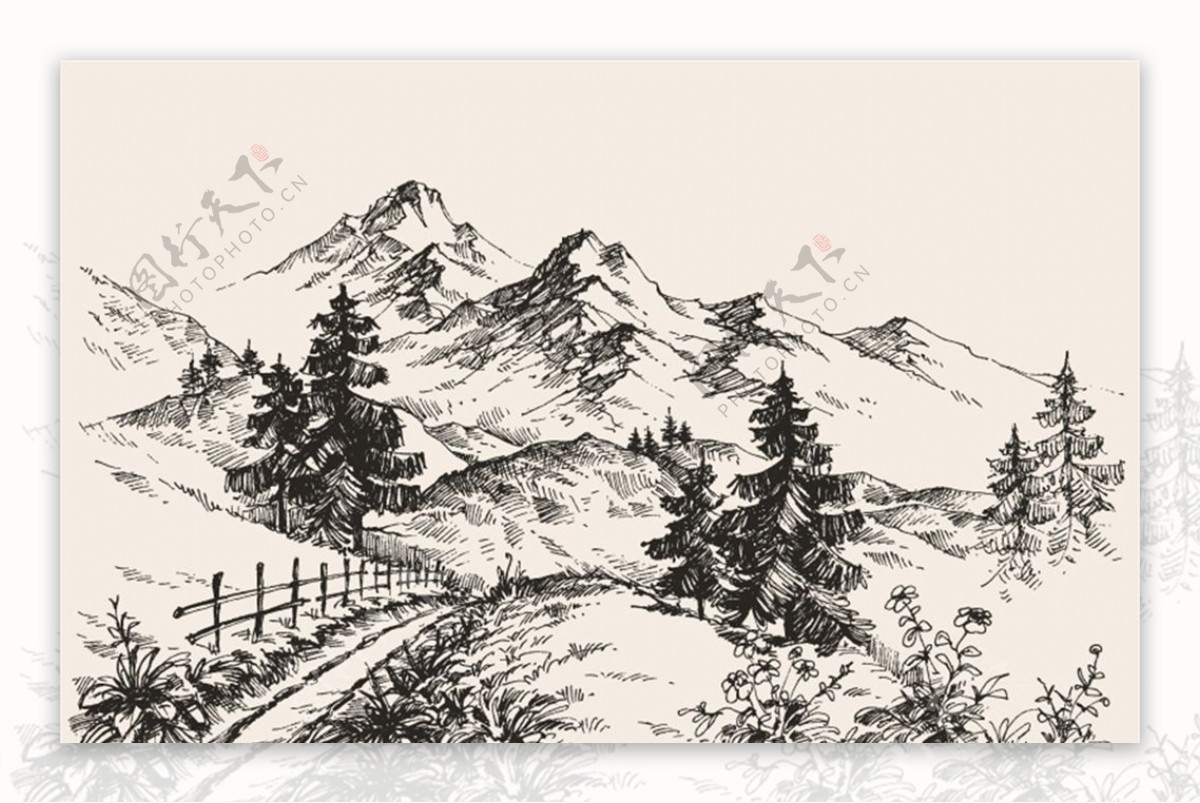 素描山地景观图片