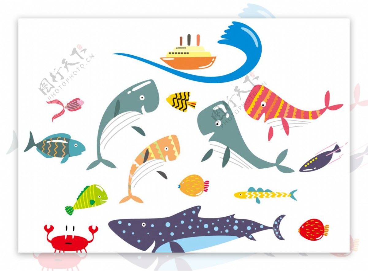 扁平风手绘海洋动物图片