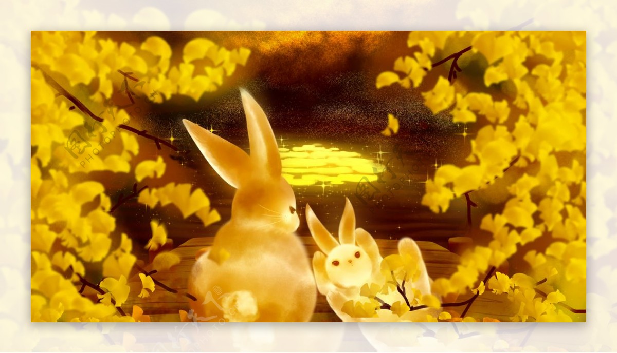 金秋兔子插画图片