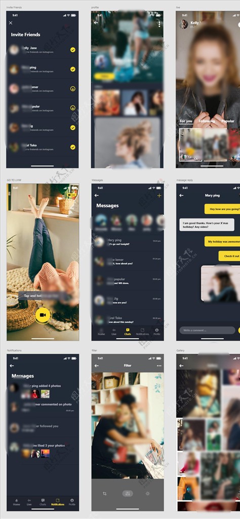 xd社交黑色黄色UI设计列表页图片