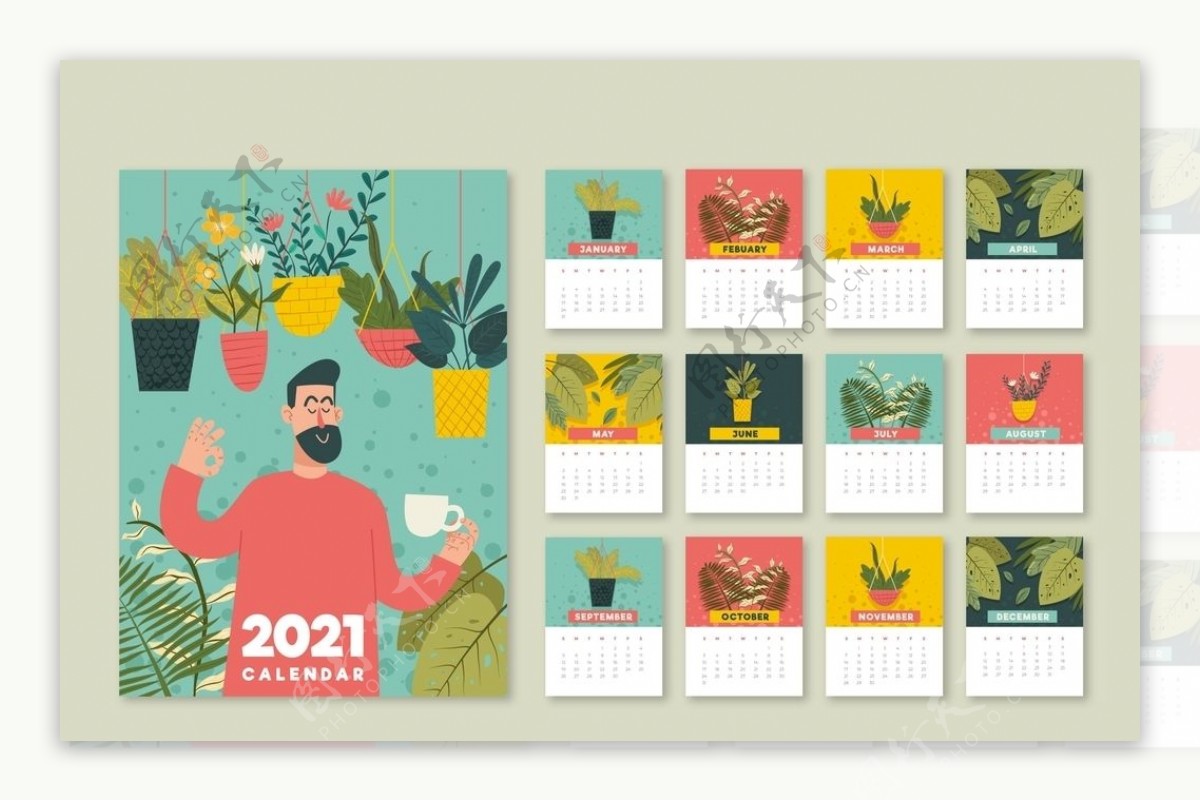 创意插画2021日历模板设计图片