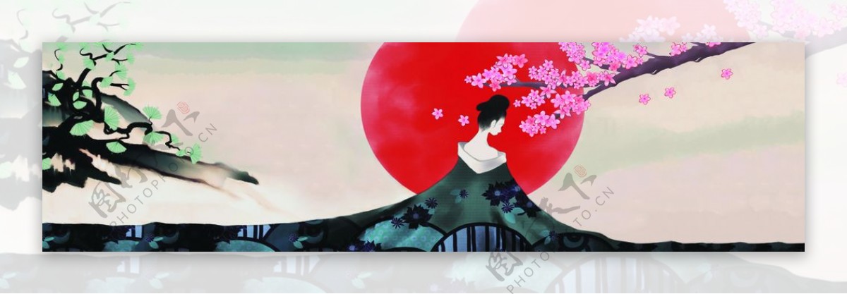 樱花长袍古典美女水墨彩绘装饰画图片