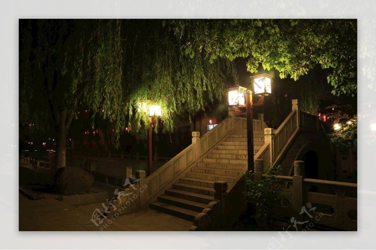 夜景柳树石桥图片