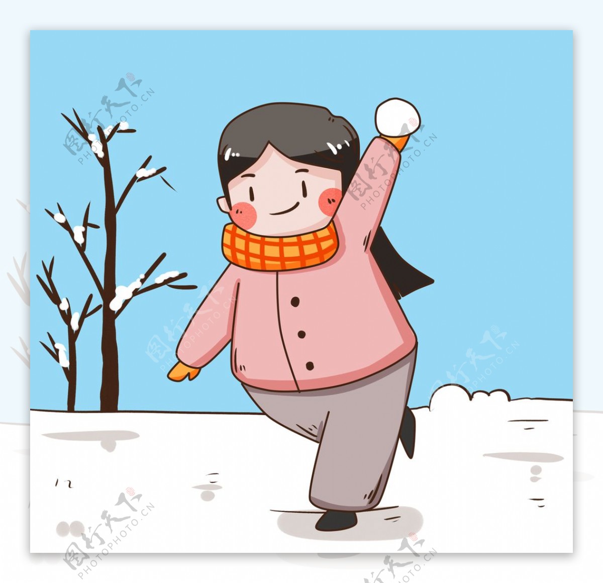 扔雪球的卡通女孩图片