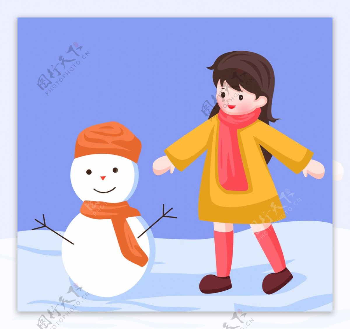 卡通女孩玩雪人图片